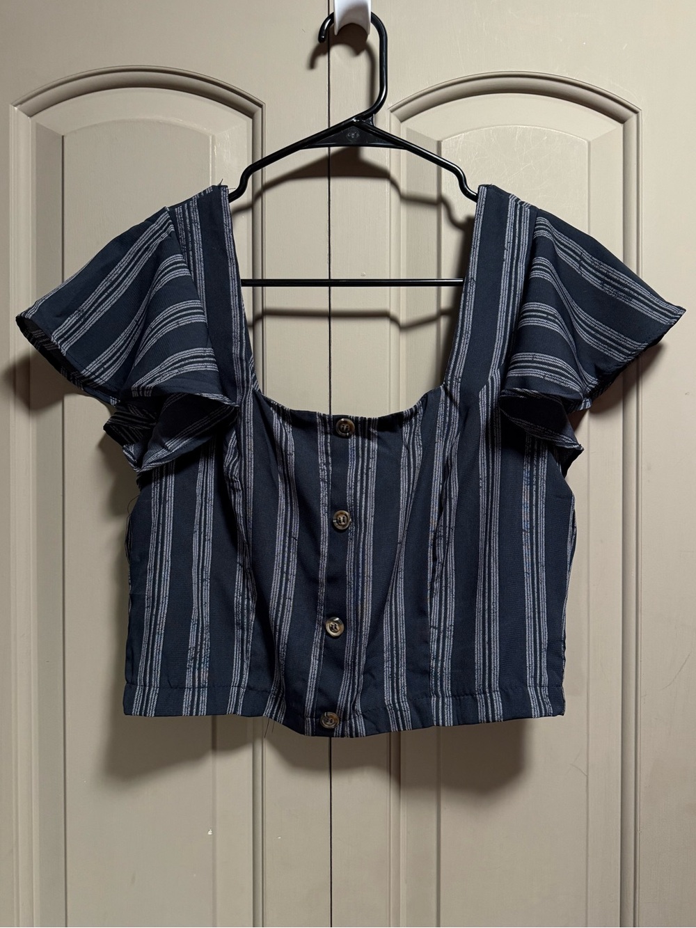 Sienna Sky Navy Stripe Button-Front Crop Top